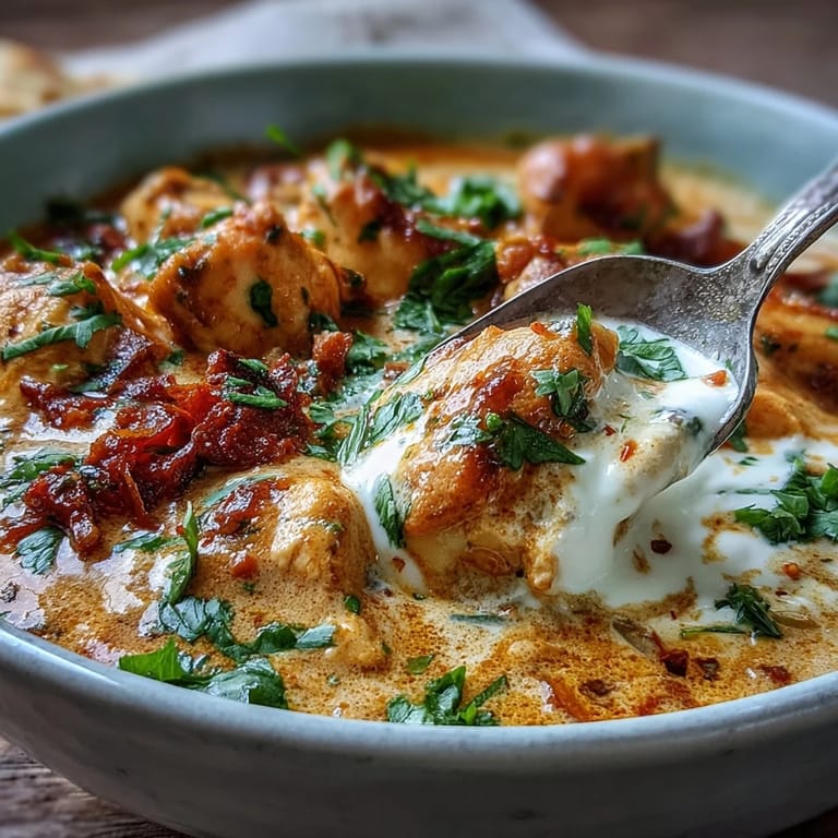 Steaming Easy Chicken Curry features tender chicken thighs in a rich, spiced yogurt sauce in a skillet.