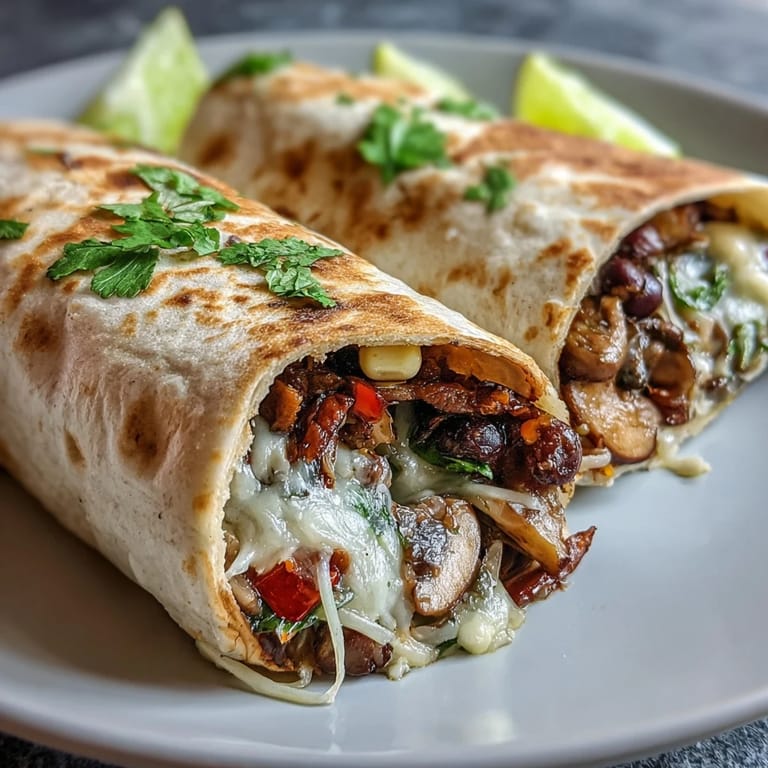 Overhead view of four hearty Veggie Burritos on a wooden board, topped with avocado and sour cream.