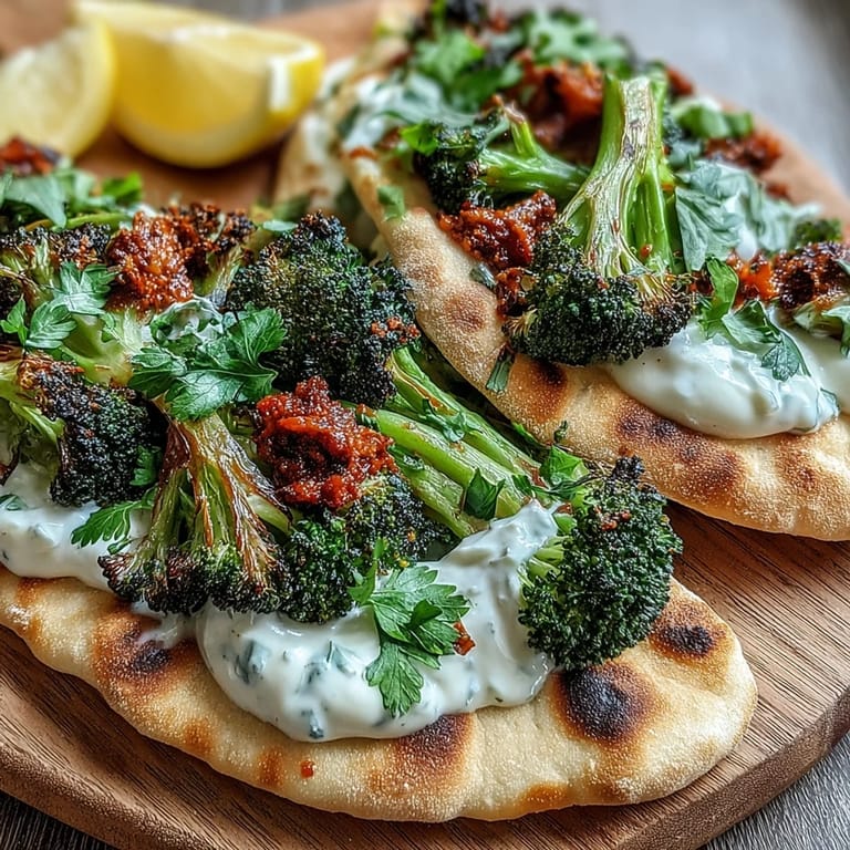 Colorful Harissa Broccoli and Flatbreads served with lemon wedges for squeezing.