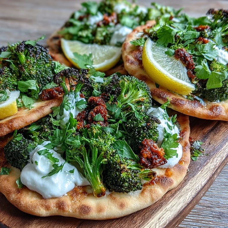 Spicy roasted broccoli for Harissa Broccoli and Flatbreads piled on warm flatbreads.