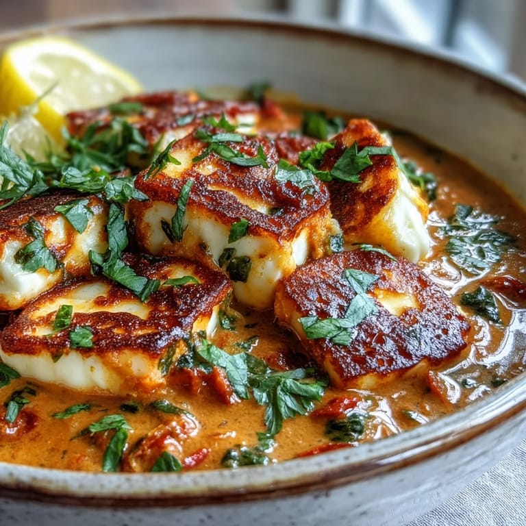 Spoon a serving of Creamy Halloumi and Tomato Curry over fluffy basmati rice, garnished with fresh cilantro and lemon wedges.