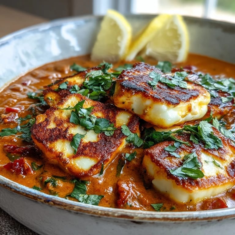 A skillet of bubbling Creamy Halloumi and Tomato Curry showcases rich, creamy textures and inviting, aromatic Indian-inspired spices.