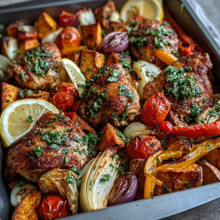 Colorful roasted vegetables and tender piri-piri chicken create a delicious gluten-free Chicken and Sweet Potato Traybake ready to serve.