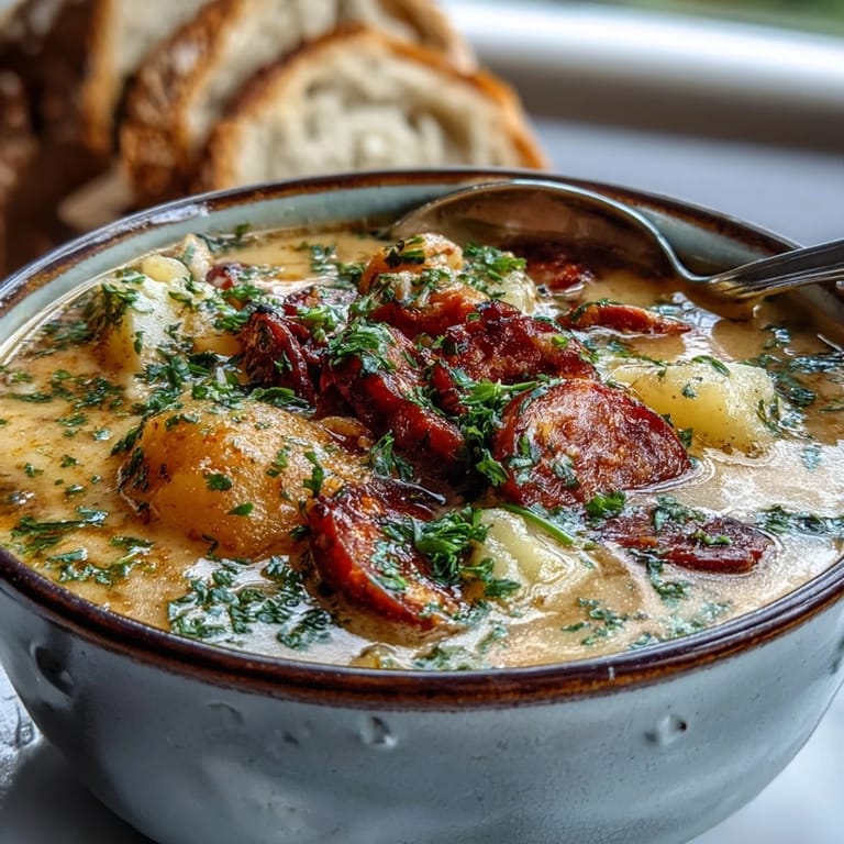 Rustic Potato, Leek and Chorizo Soup ladled from a pot with red chorizo oil, ideal for chilly nights.