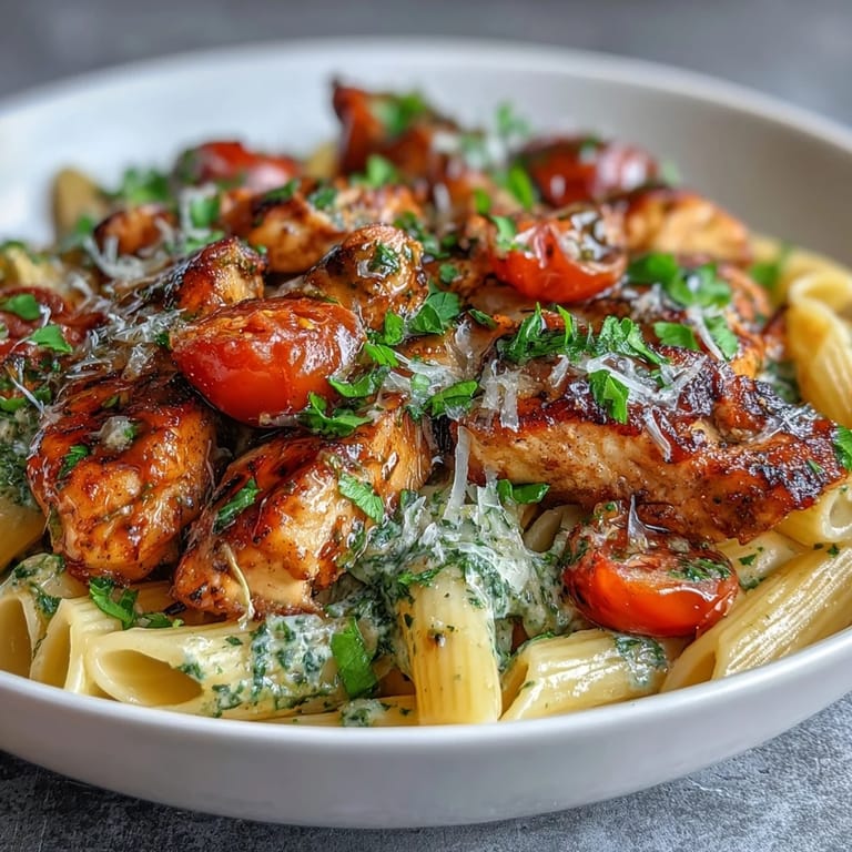Savory Bruschetta Chicken Pasta plated with vibrant red tomatoes, white meat chicken, and herbs, topped with grated Parmesan for a family-style Italian-American dinner.