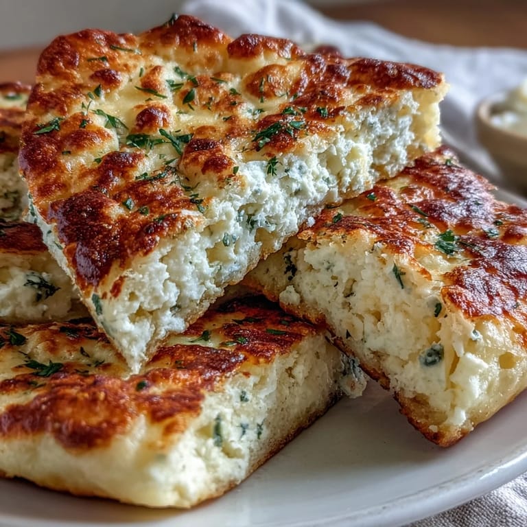 A rustic stack of Fluffy Cottage Cheese Flatbreads, lightly brushed with olive oil and garnished with chopped parsley.