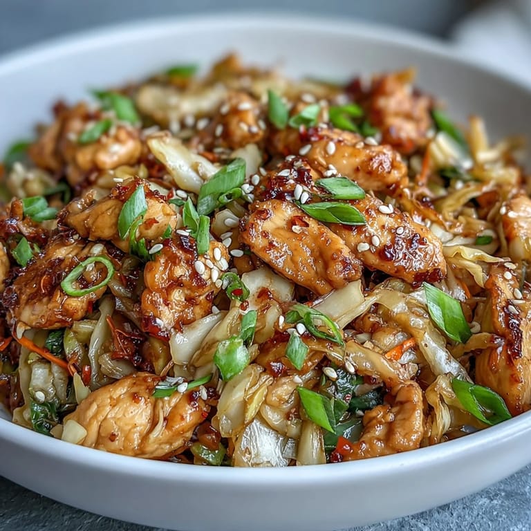 Close-up of saucy Egg Roll Bowls with Chicken and Cabbage featuring tender chicken, shredded carrots, and crisp cabbage in a wok.