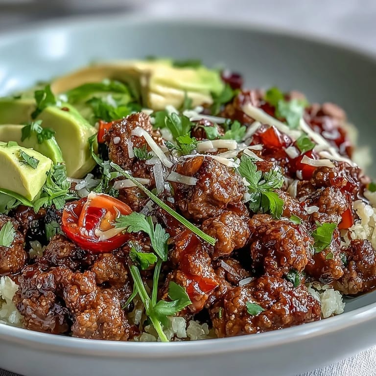 Savory seasoned beef and cauliflower rice topped with cheddar, sour cream, and cilantro in a Low Carb Burrito Bowl.