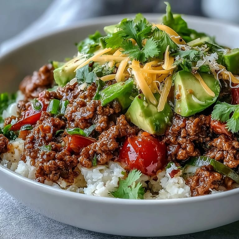 Close-up of a vibrant Low Carb Burrito Bowl garnished with lime wedges, fresh cilantro, and colorful diced veggies.
