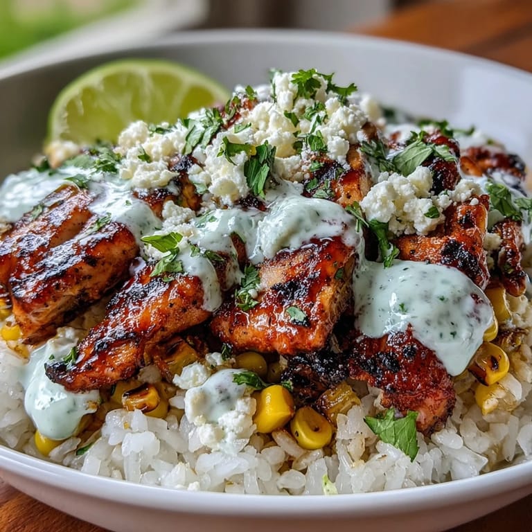 Sliced citrusy chicken and charred corn top fluffy rice in Street Corn Chicken and Rice Bowls, ready to serve.