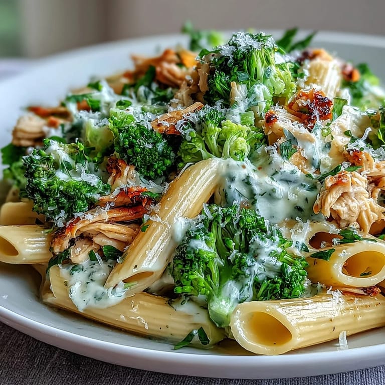 Hearty High Protein Rotisserie Chicken Broccoli Pasta gets a bright finish from lemon zest and fresh parsley.