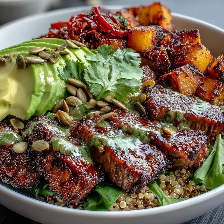 A hearty Butternut Squash Steak Bowl garnished with toasted pepitas and red onion, drizzled with lime-cilantro dressing for a zesty finish.