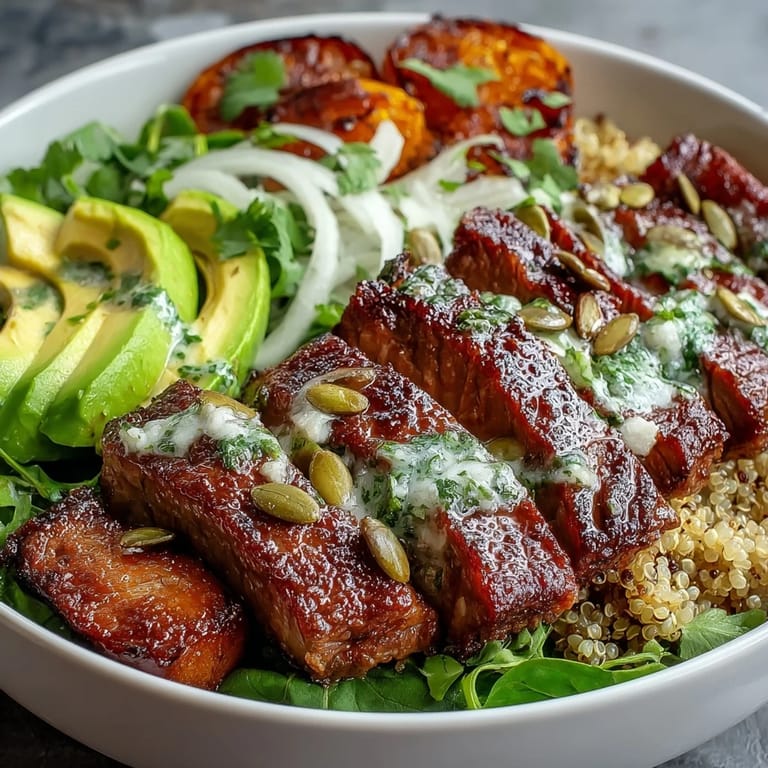 Savory smoky steak and sweet caramelized squash sit atop quinoa in this colorful dinner bowl, ready to serve immediately.