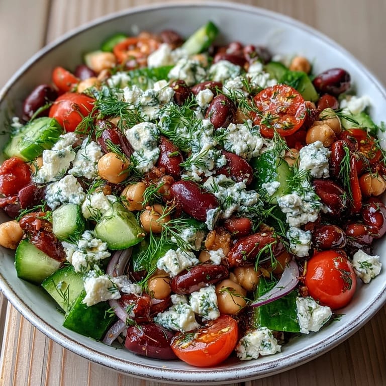 A chilled Greek Bean Salad featuring colorful beans, briny Kalamata olives, red onion, and fresh herbs tossed in dressing.
