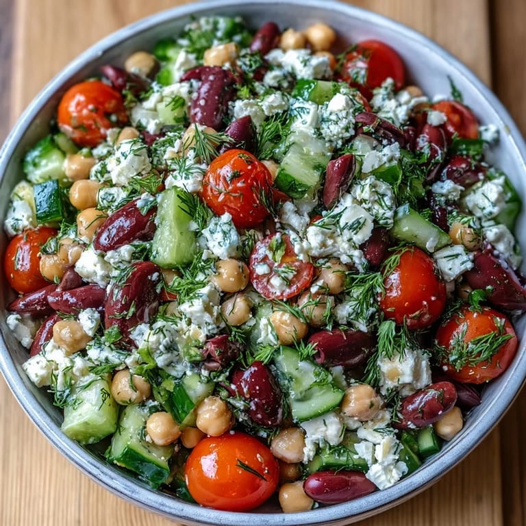 Platter of Greek Bean Salad with marinated beans, diced cucumber, halved tomatoes, and feta cheese, perfect for Mediterranean lunch.