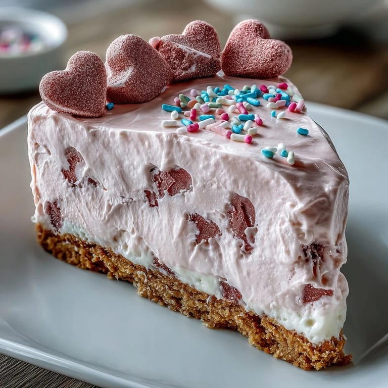 Close-up of Candy Hearts Fake Cake shows a fork cutting a bite with silky cream cheese and whipped cream layers.