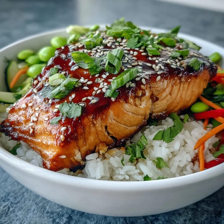 A steaming Asian-Inspired Salmon Bowl featuring glazed salmon, jasmine rice, and crisp veggies ready to serve.