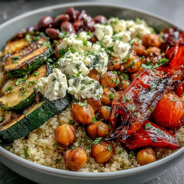 Vibrant Mediterranean Buddha Bowl in a white bowl, featuring caramelized roasted vegetables, Kalamata olives, and fresh parsley with lemon wedges ready to squeeze.