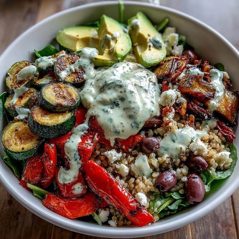Close-up of a Vegan Mediterranean Buddha Bowl showing creamy hummus, sliced avocado, and tangy Kalamata olives.
