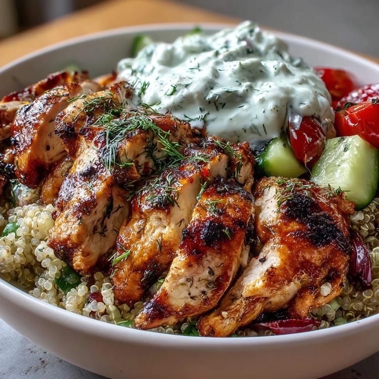 A close-up of a Greek Chicken Power Bowl drizzled with tzatziki, topped with olives and fresh parsley for a fresh Mediterranean meal.