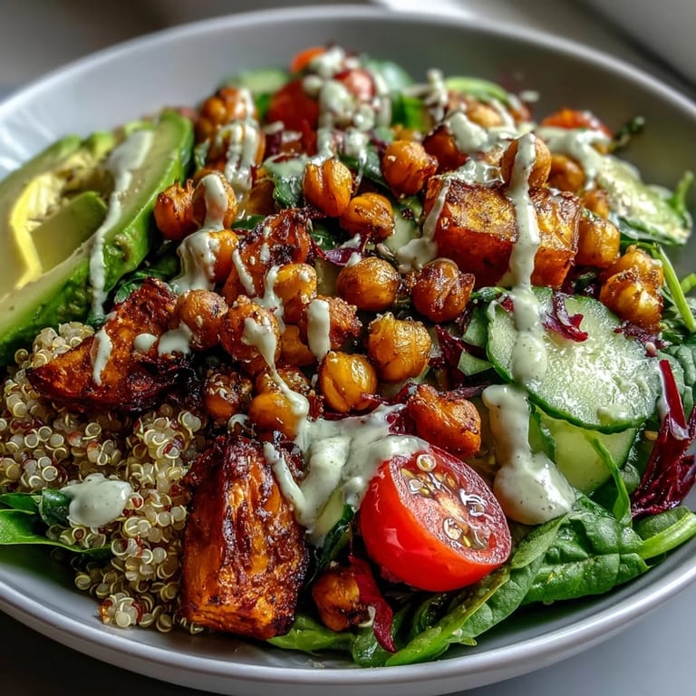 A vibrant bowl featuring crunchy roasted chickpeas, tender sweet potatoes, sliced avocado, and cherry tomatoes over a bed of fluffy quinoa.