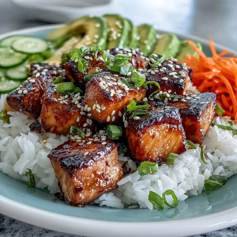Savory Baked Salmon Rice Bowl topped with edamame, shredded carrots, creamy avocado, and green onions for a healthy, colorful weeknight dinner.
