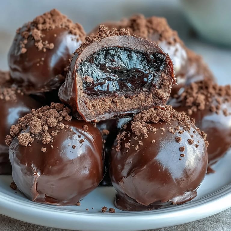 Velvety Black Currant Chocolate Truffles filled with tart fruit ganache, paired with a steaming cup of black currant tea.