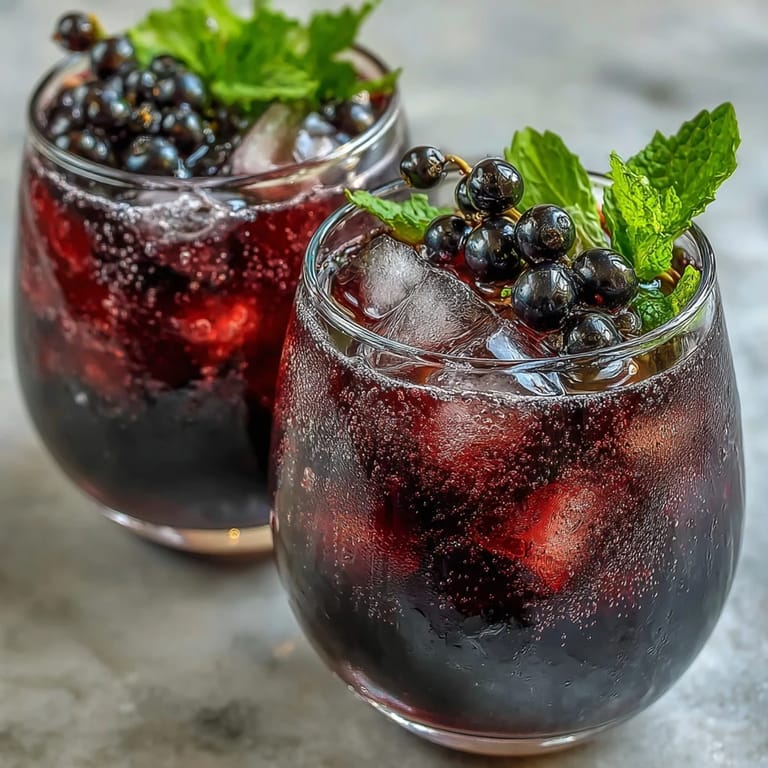 Close-up of a Black Currant and Cassis Cocktail recipe, featuring crème de cassis and dry white wine ready to serve.