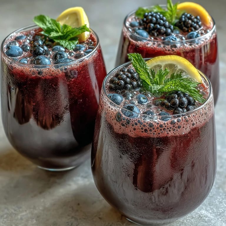 A colorful black currant berry celebration drink served chilled with ice, lemon slices, and a sprig of mint.