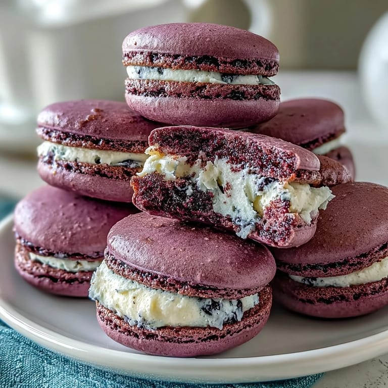 Delicate French macarons filled with vibrant blackcurrant ganache, featuring shiny shells and a tangy-sweet berry center.