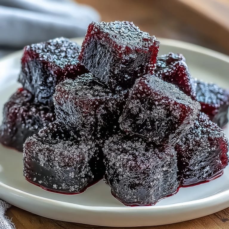 2. Homemade black currant gummies in a candy mold, dusted with sugar for extra sparkle and fruity flavor.  