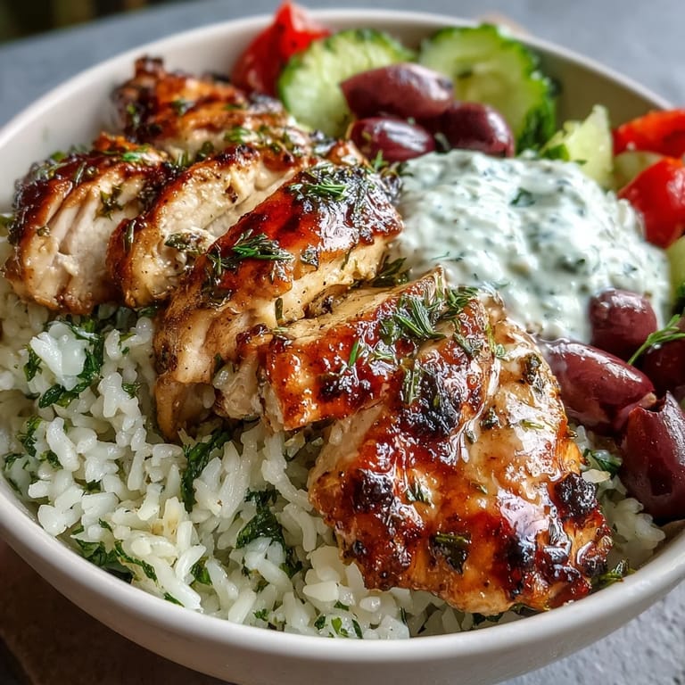 Flavorful Greek chicken bowl layered with savory spiced chicken, herbed rice, crunchy cucumber-tomato salad, Kalamata olives, and rich tzatziki sauce.