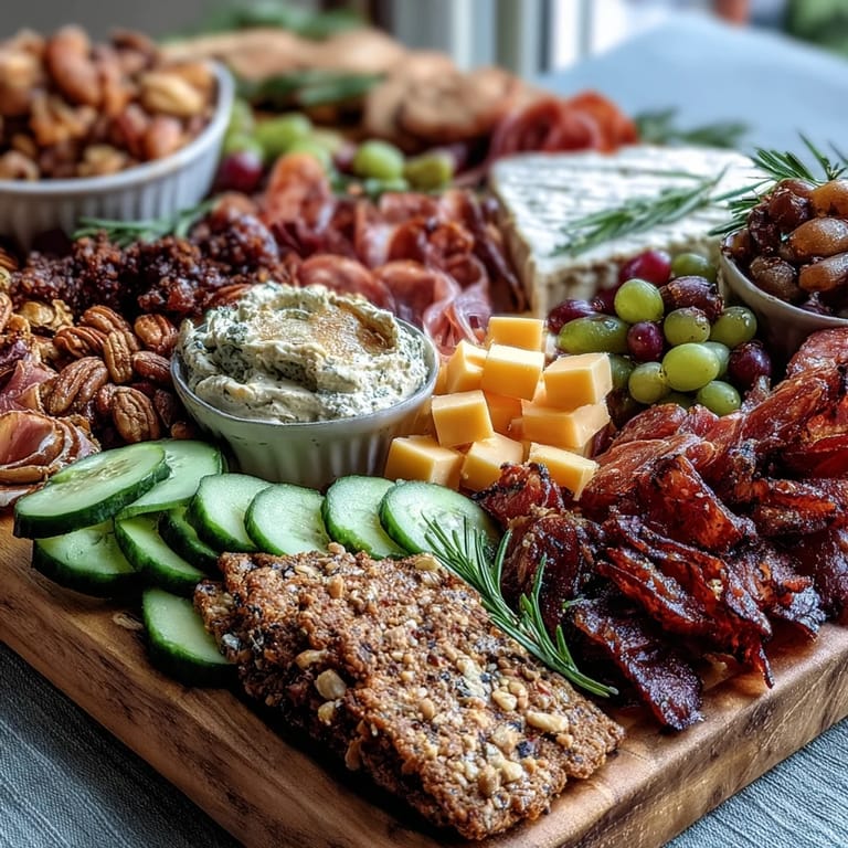 Vibrant Housewarming Party Charcuterie Board with Dips and Crackers showcasing an artful arrangement of gourmet meats, creamy cheeses, crunchy nuts, and vibrant vegetables.