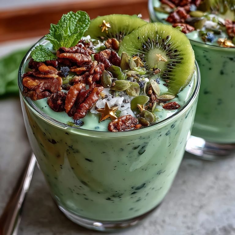 Vibrant spinach-avocado smoothie base with vanilla protein, decorated with kiwi clover, mint leaves, and edible gold stars for holiday flair.