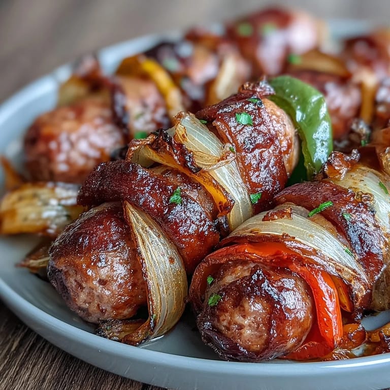 Sizzling Italian sausages and vibrant bell peppers roasted on a sheet pan, served with caramelized onions and fresh parsley.