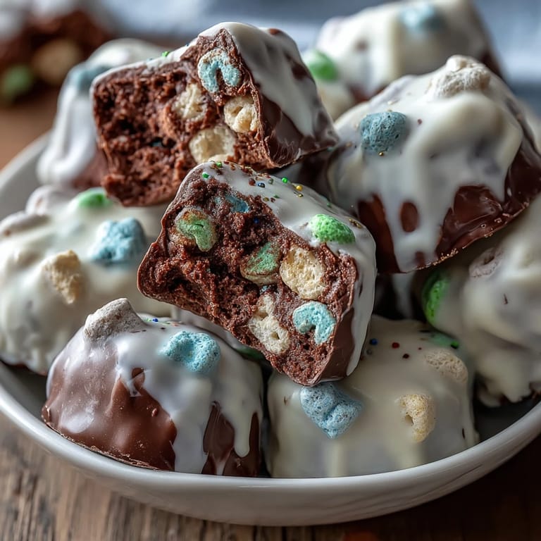 Colorful dessert board with white chocolate Lucky Charms bark, pretzels, and green apple slices.
