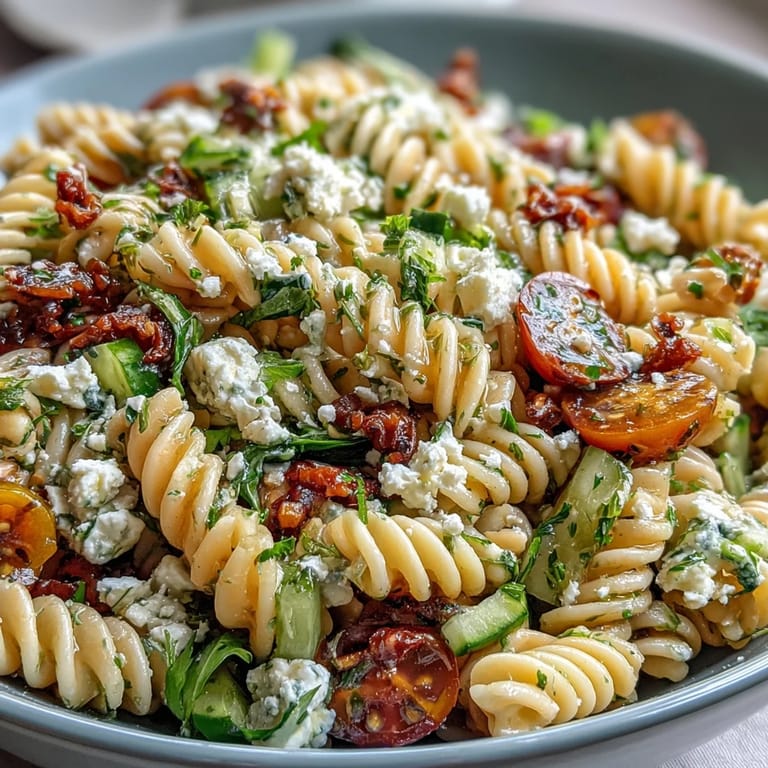 Colorful Lemon Vinaigrette Pasta Salad with Cucumbers and Cherry Tomatoes, combining cool cucumbers, sweet tomatoes, and zesty lemon vinaigrette for a perfect vegetarian side dish or light lunch.