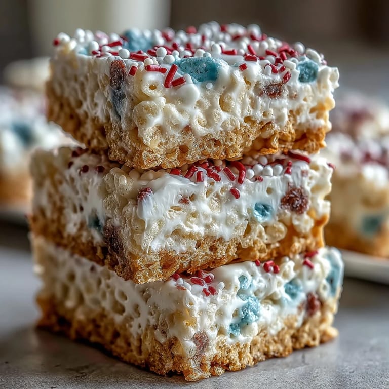 Vibrant red, white, and blue Rice Krispies treats, layered and decorated with sprinkles, ideal for Independence Day parties.