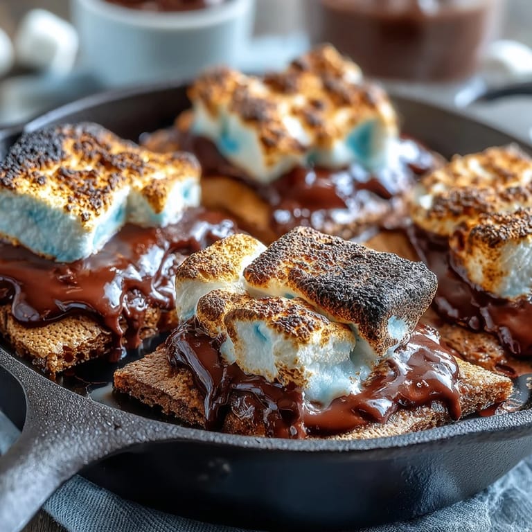 Festive 4th of July Smores Dip baked in a cast iron skillet, topped with red, white, and blue candies.