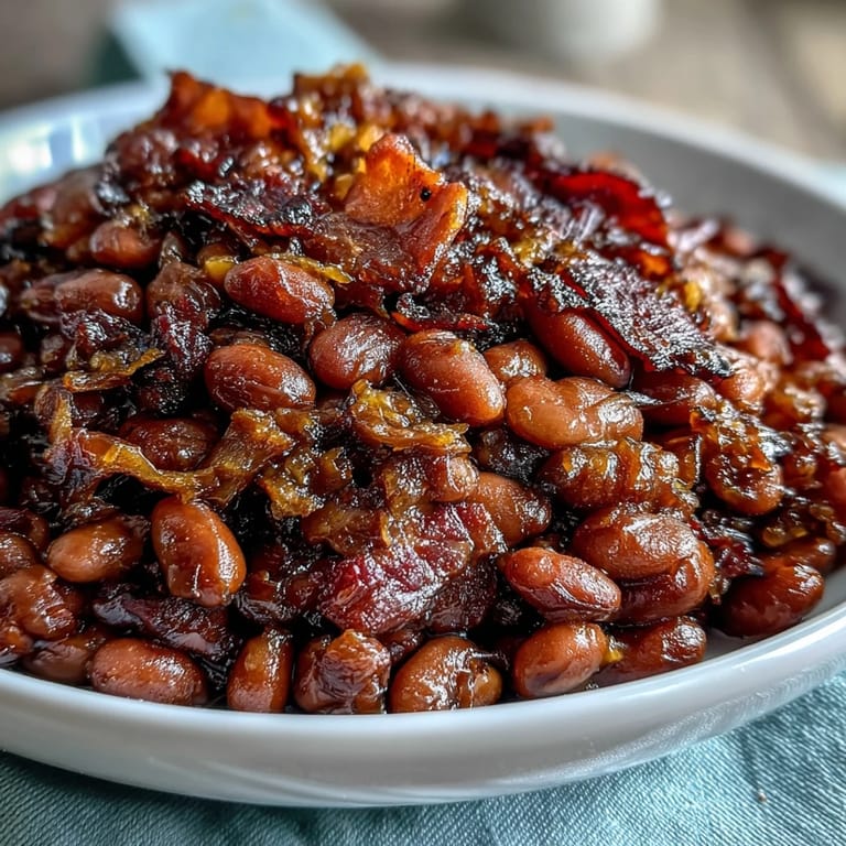 Savory navy beans baked with smoky bacon, sweet brown sugar, and molasses in a rich, tangy sauce.