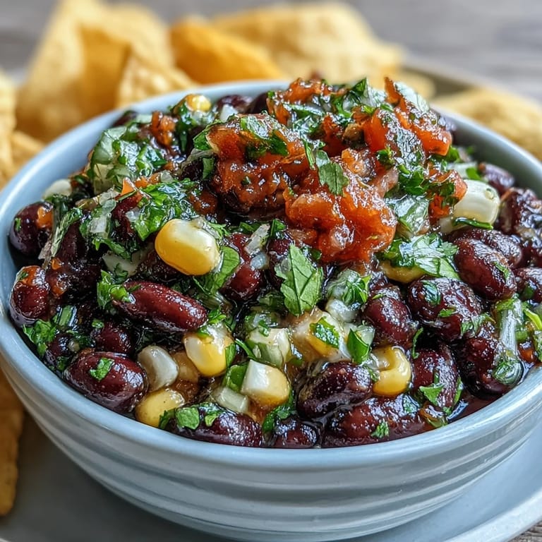 Easy 3-Ingredient Cowboy Caviar Dip combining hearty black beans, golden corn, and tangy pico de gallo in one bowl.