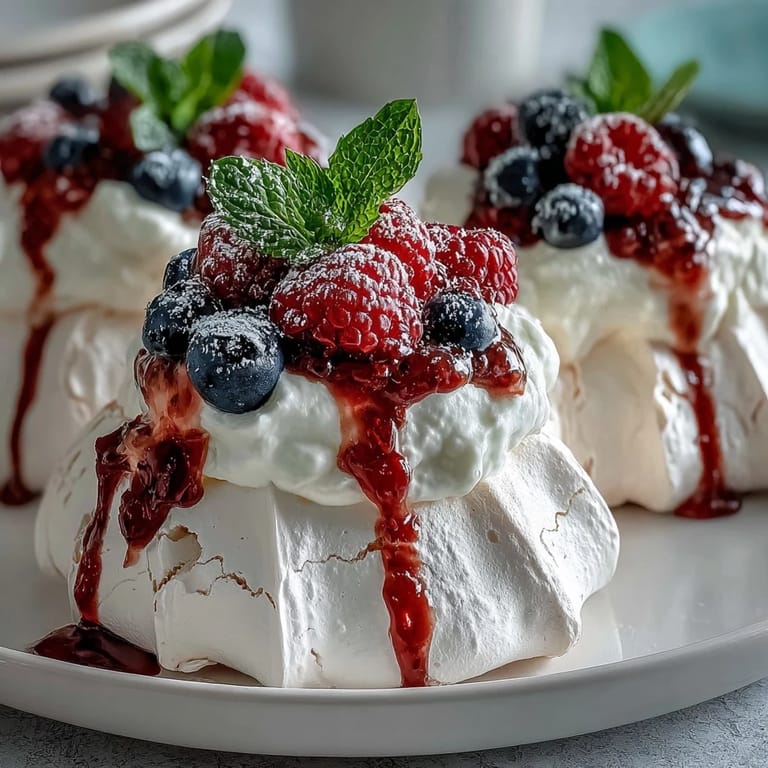 Decadent pavlova dessert featuring a light, airy meringue base crowned with sweetened whipped cream and a colorful medley of fresh berries.