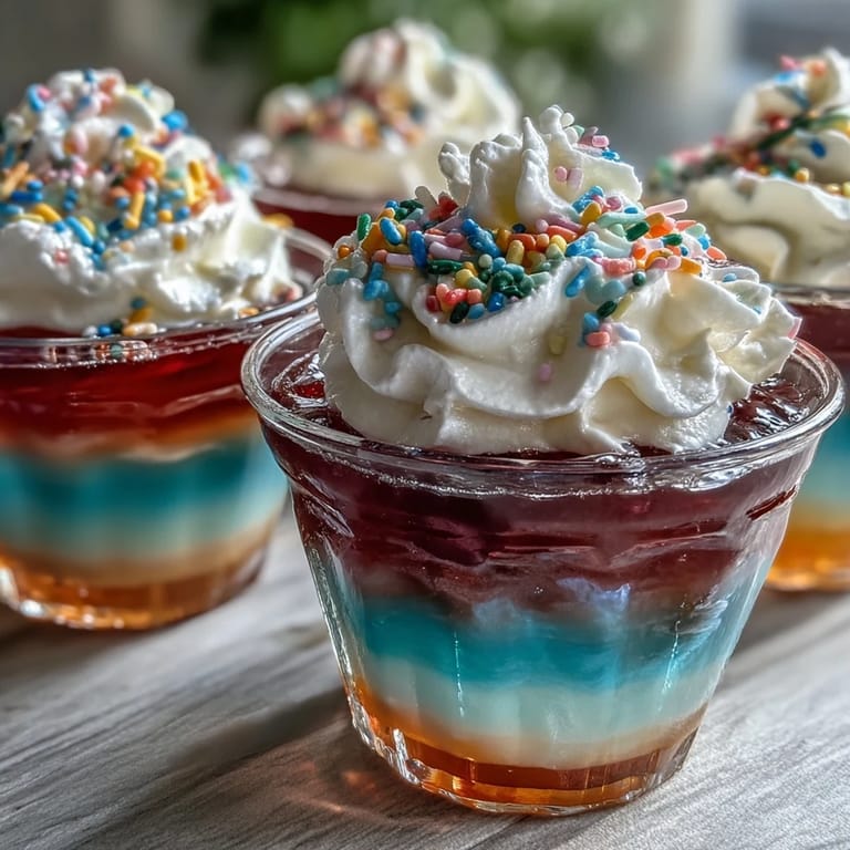 Vibrant Rainbow Jello Cups for Kids: A cheerful, kid-friendly dessert with alternating fruity gelatin layers and a cloud of whipped topping.