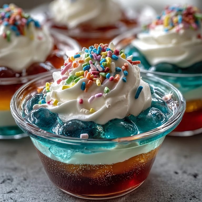 Rainbow Jello Cups for Kids: Festive, multi-colored Jello cups in a fun, eye-catching presentation, perfect for parties and celebrations.