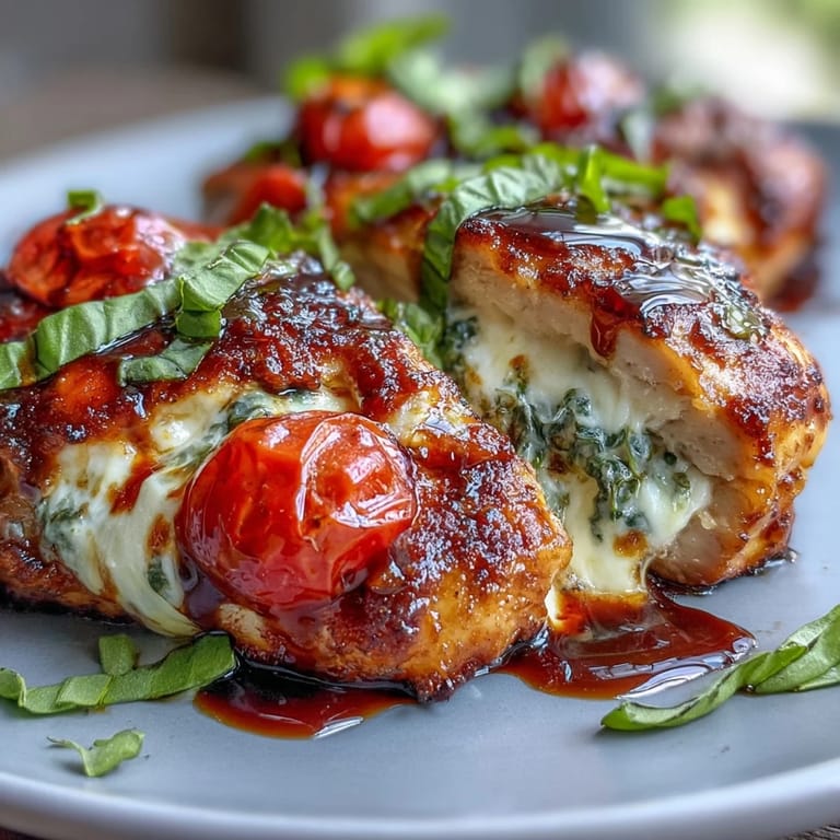 Juicy Caprese Stuffed Chicken Breast filled with creamy mozzarella, fresh basil, and tomatoes, served hot from the oven.