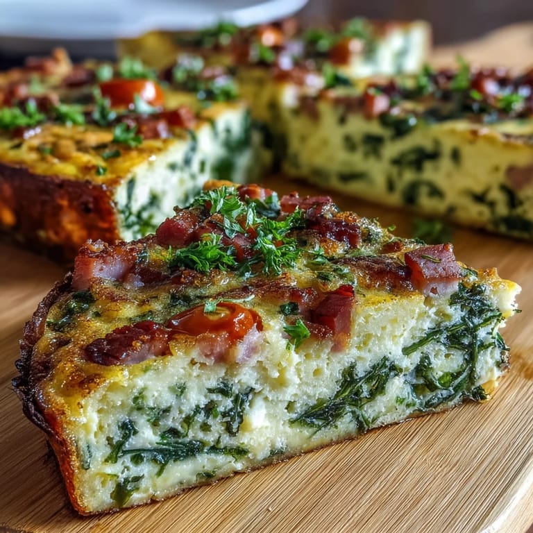 Savory One-Pan Ham and Swiss Frittata baked to perfection, featuring fluffy eggs, ham, spinach, and cherry tomatoes.  
