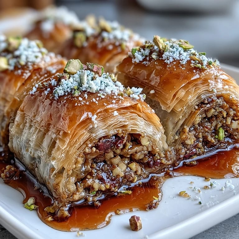 Delicious pistachio baklava rolls with layers of buttery phyllo and aromatic syrup, perfect for dessert.