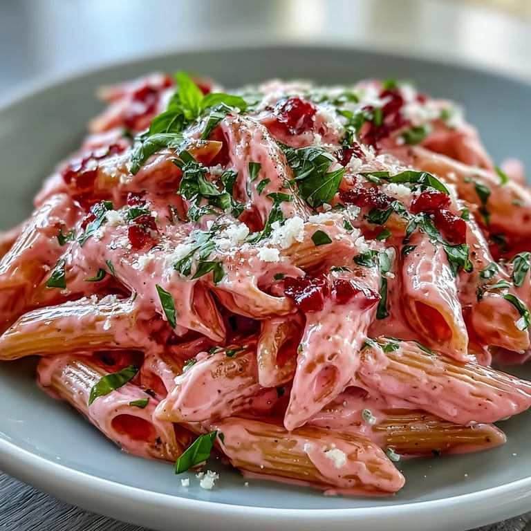 Luscious blush pasta dish featuring al dente penne coated in velvety tomato-cream sauce and sprinkled with parmesan.  
