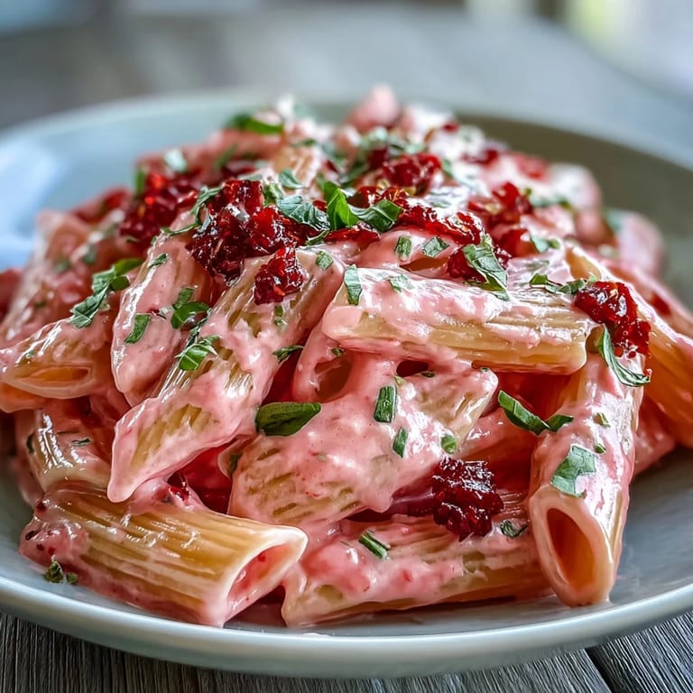 Viral pink sauce pasta with garlic, cream, and herbs, perfectly twirled on a plate and ready to enjoy.