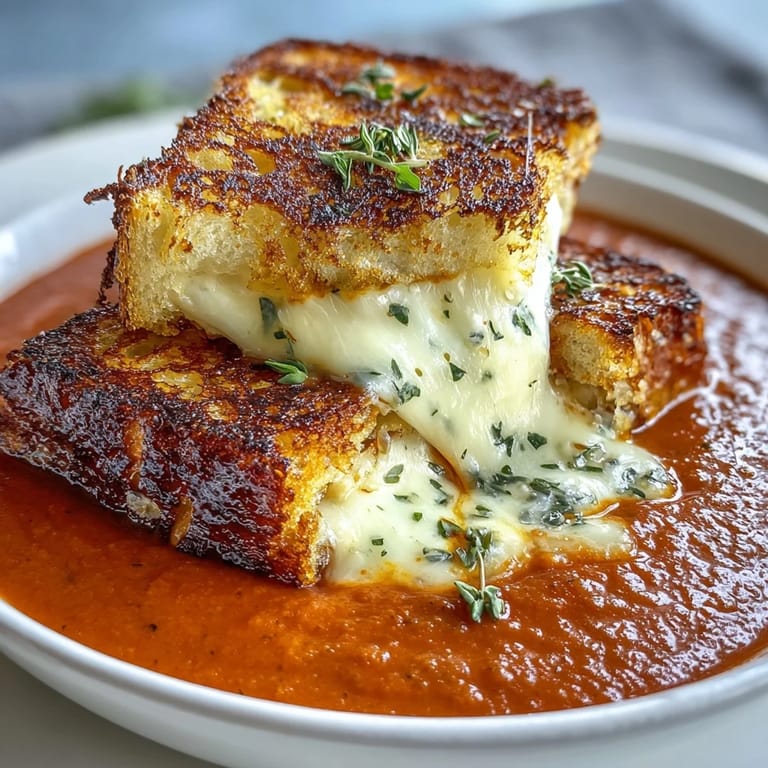 Velvety tomato soup infused with fresh basil, topped with golden grilled cheese crouton cubes in a rustic bowl.  